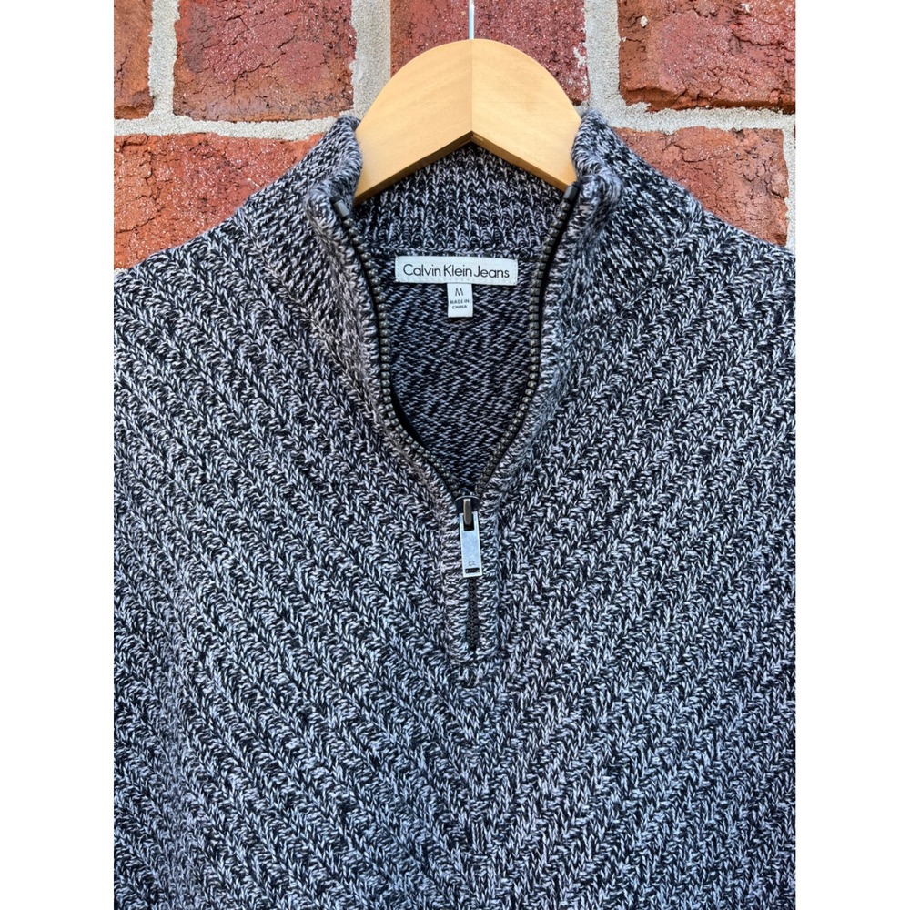 Calvin Klein Jeans Mens Medium Black White Marled Quarter Zip Mock Neck Sweater